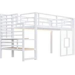 Lit Mezzanine 90x200 cm - Lit Simple avec Escalier de Rangement et LED Intégrée, sans Matelas - Métal Blanc><noscript><img width=