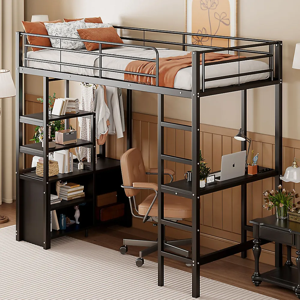 Lit Mezzanine 90x200 cm - Lit Surélevé Ado en Métal avec Bureau, Prise USB et Rangements Ouverts - Sans Matelas - Noir>Okwish Discount