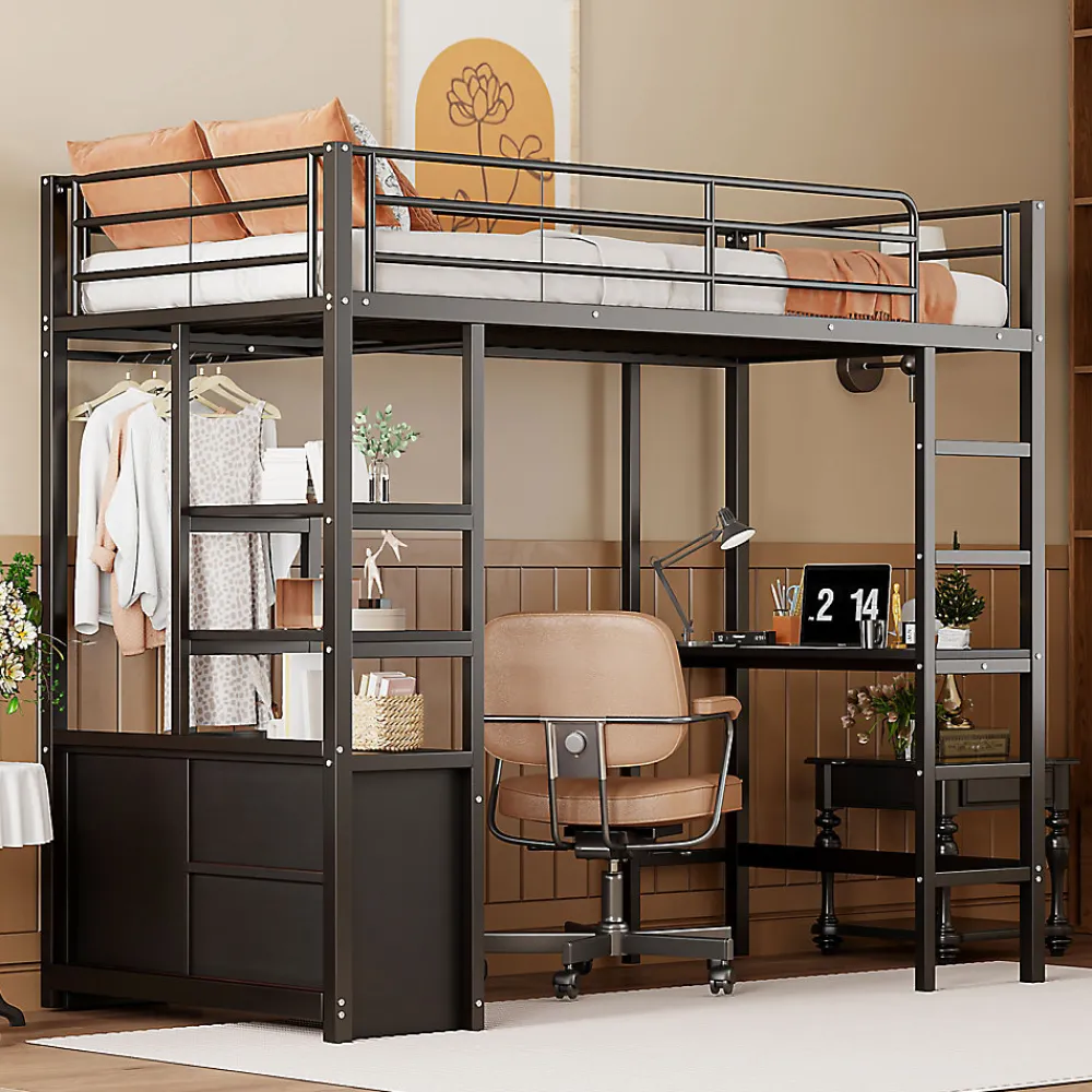 Lit Mezzanine 90x200 cm - Lit Surélevé Ado en Métal avec Bureau, Prise USB et Rangements Ouverts - Sans Matelas - Noir>Okwish Discount