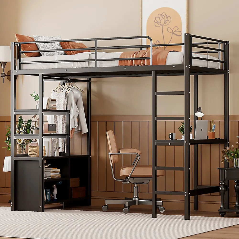 Lit Mezzanine 90x200 cm - Lit Surélevé Ado en Métal avec Bureau, Prise USB et Rangements Ouverts - Sans Matelas - Noir>Okwish Discount