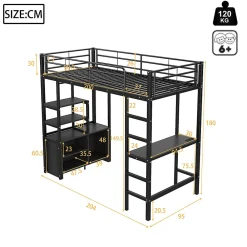 Lit Mezzanine 90x200 cm - Lit Surélevé Ado en Métal avec Bureau, Prise USB et Rangements Ouverts - Sans Matelas - Noir><noscript><img width=