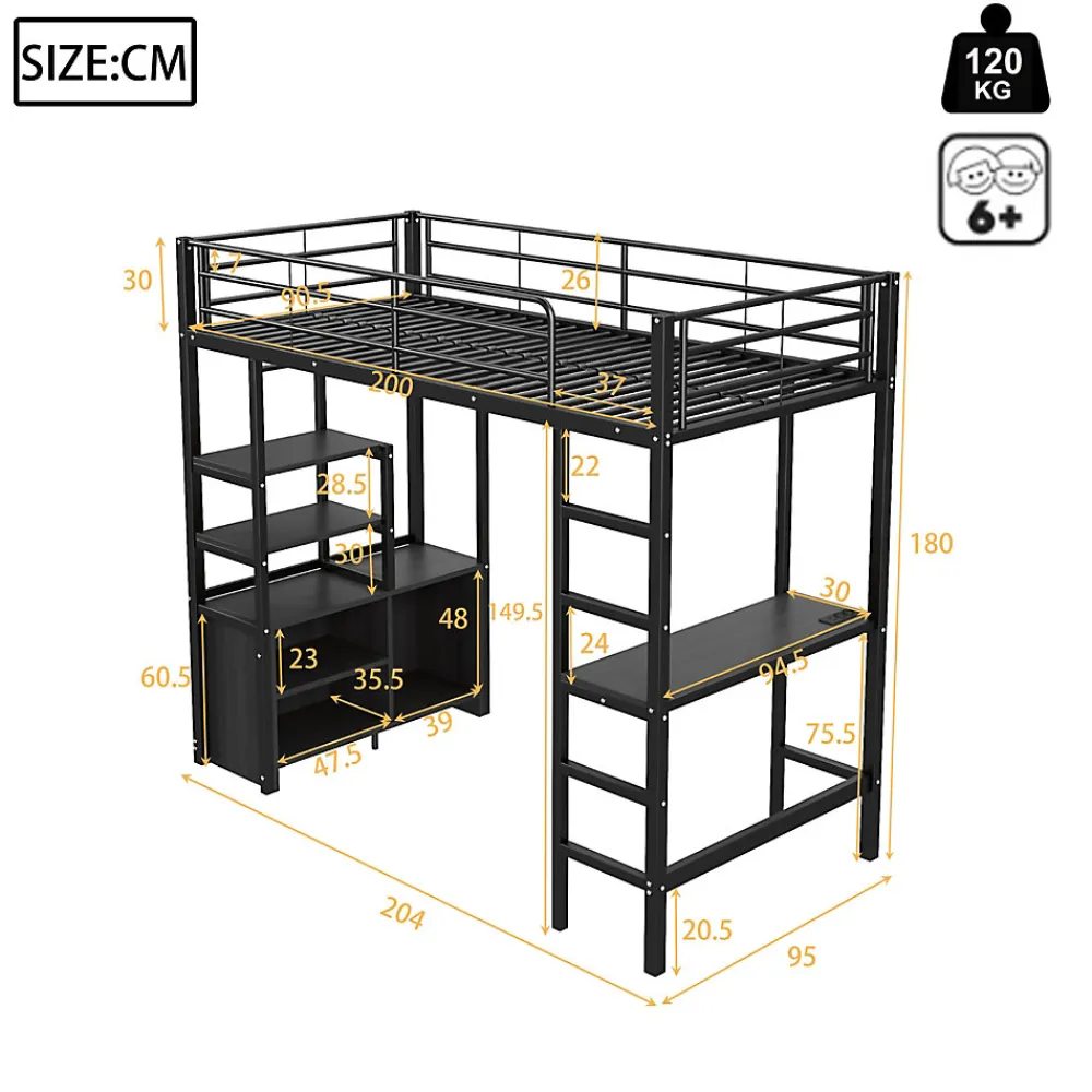 Lit Mezzanine 90x200 cm - Lit Surélevé Ado en Métal avec Bureau, Prise USB et Rangements Ouverts - Sans Matelas - Noir>Okwish Discount