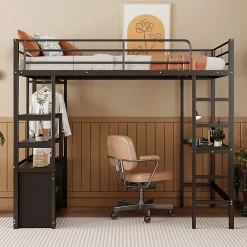 Lit Mezzanine 90x200 cm - Lit Surélevé Ado en Métal avec Bureau, Prise USB et Rangements Ouverts - Sans Matelas - Noir><noscript><img width=