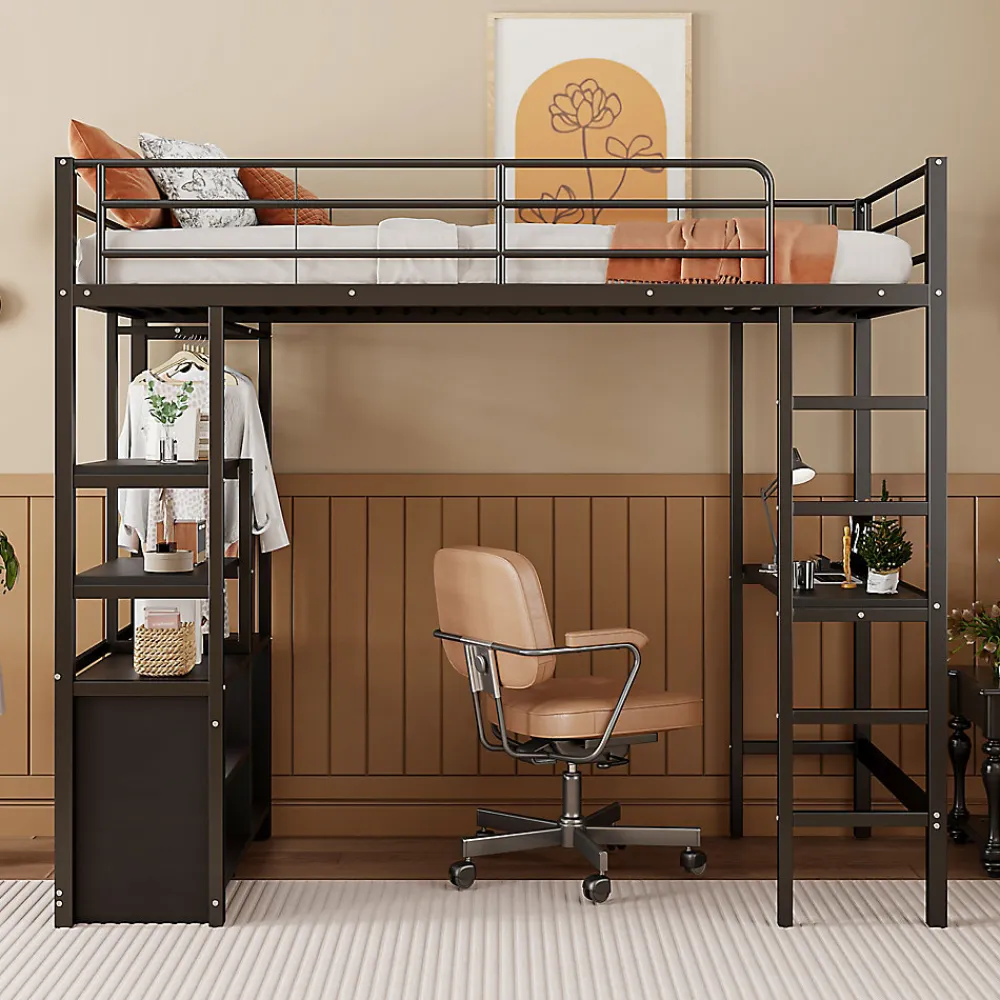 Lit Mezzanine 90x200 cm - Lit Surélevé Ado en Métal avec Bureau, Prise USB et Rangements Ouverts - Sans Matelas - Noir>Okwish Discount
