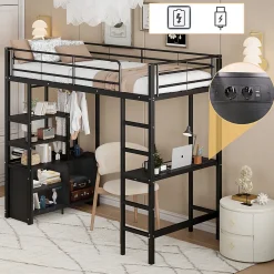 Lit Mezzanine 90x200 cm - Lit Surélevé Ado en Métal avec Bureau, Prise USB et Rangements Ouverts - Sans Matelas - Noir><noscript><img width=