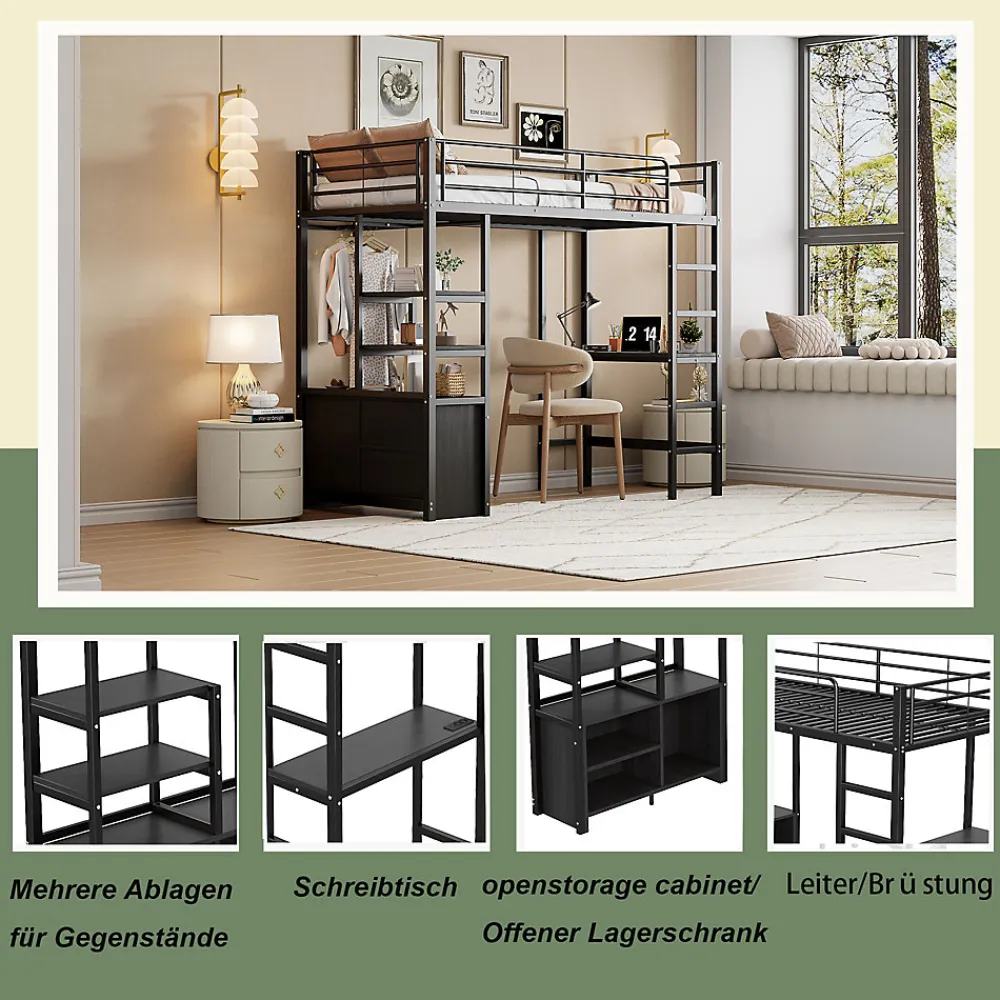 Lit Mezzanine 90x200 cm - Lit Surélevé Ado en Métal avec Bureau, Prise USB et Rangements Ouverts - Sans Matelas - Noir>Okwish Discount