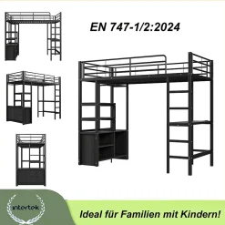 Lit Mezzanine 90x200 cm - Lit Surélevé Ado en Métal avec Bureau, Prise USB et Rangements Ouverts - Sans Matelas - Noir><noscript><img width=