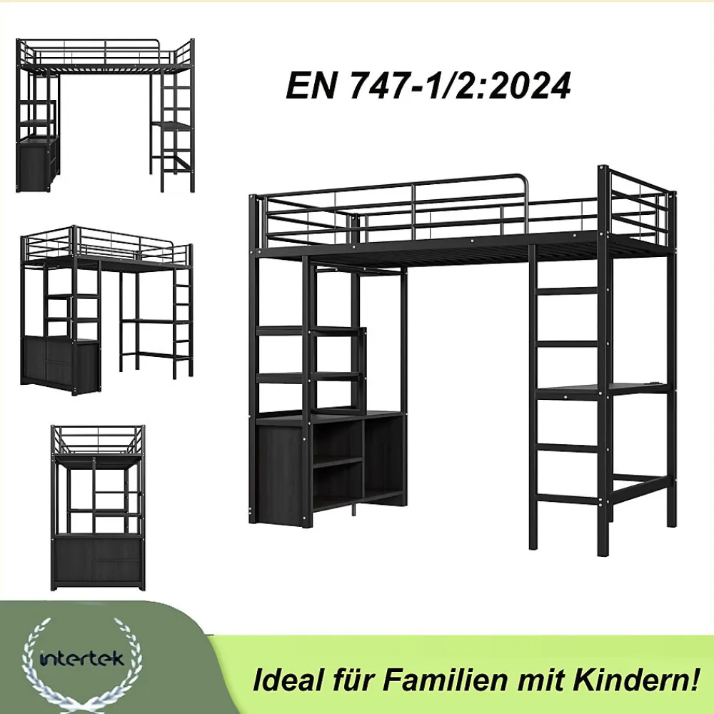 Lit Mezzanine 90x200 cm - Lit Surélevé Ado en Métal avec Bureau, Prise USB et Rangements Ouverts - Sans Matelas - Noir>Okwish Discount