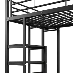 Lit Mezzanine 90x200 cm - Lit Surélevé Ado en Métal avec Bureau, Prise USB et Rangements Ouverts - Sans Matelas - Noir><noscript><img width=
