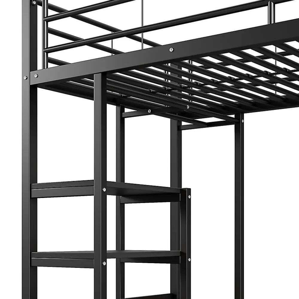 Lit Mezzanine 90x200 cm - Lit Surélevé Ado en Métal avec Bureau, Prise USB et Rangements Ouverts - Sans Matelas - Noir>Okwish Discount