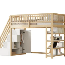 Okwish Lit Mezzanine 90x200 cm - Lit Simple avec Escalier Sécurisé, Armoire et Étagères de Rangement, Sans Matelas - Naturel* Lit Mezzanine