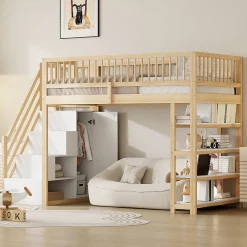 Okwish Lit Mezzanine 90x200 cm - Lit Simple avec Escalier Sécurisé, Armoire et Étagères de Rangement, Sans Matelas - Naturel* Lit Mezzanine