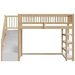 Okwish Lit Mezzanine 90x200 cm - Lit Simple avec Escalier Sécurisé, Armoire et Étagères de Rangement, Sans Matelas - Naturel* Lit Mezzanine
