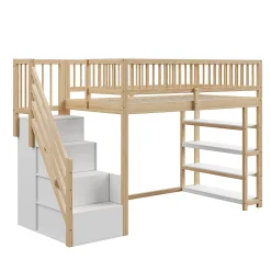 Okwish Lit Mezzanine 90x200 cm - Lit Simple avec Escalier Sécurisé, Armoire et Étagères de Rangement, Sans Matelas - Naturel* Lit Mezzanine