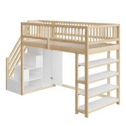Okwish Lit Mezzanine 90x200 cm - Lit Simple avec Escalier Sécurisé, Armoire et Étagères de Rangement, Sans Matelas - Naturel* Lit Mezzanine