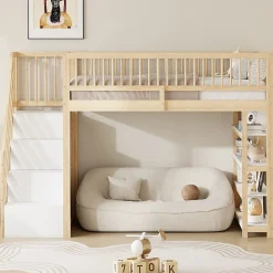 Okwish Lit Mezzanine 90x200 cm - Lit Simple avec Escalier Sécurisé, Armoire et Étagères de Rangement, Sans Matelas - Naturel* Lit Mezzanine