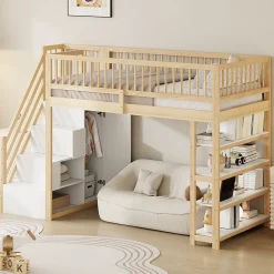 Okwish Lit Mezzanine 90x200 cm - Lit Simple avec Escalier Sécurisé, Armoire et Étagères de Rangement, Sans Matelas - Naturel* Lit Mezzanine