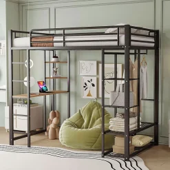 Lit mezzanine 90x200 cm - Lit simple avec étagères de rangement et échelle pratique - Table intégrée - Sans matelas - Noir>Okwish Discount