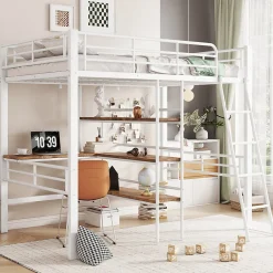 Lit Mezzanine 90x200 cm - Lit Simple avec Bureau en L, Échelle et Garde-Corps, Sans Matelas - Métal, Blanc>Okwish Clearance