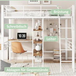 Lit Mezzanine 90x200 cm - Lit Simple avec Bureau en L, Échelle et Garde-Corps, Sans Matelas - Métal, Blanc><noscript><img width=