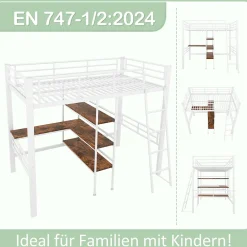 Lit Mezzanine 90x200 cm - Lit Simple avec Bureau en L, Échelle et Garde-Corps, Sans Matelas - Métal, Blanc><noscript><img width=