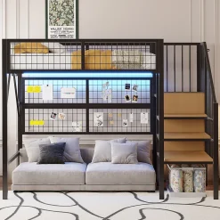 Okwish Lit mezzanine 90x200 cm - Lit simple déco avec éclairage LED et rangement sous lit - Armoire ouverte en MDF et métal - Noir* Lit Mezzanine
