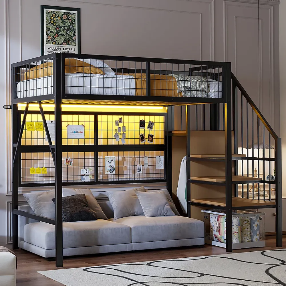Okwish Lit mezzanine 90x200 cm - Lit simple déco avec éclairage LED et rangement sous lit - Armoire ouverte en MDF et métal - Noir* Lit Mezzanine