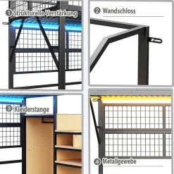 Okwish Lit mezzanine 90x200 cm - Lit simple déco avec éclairage LED et rangement sous lit - Armoire ouverte en MDF et métal - Noir* Lit Mezzanine