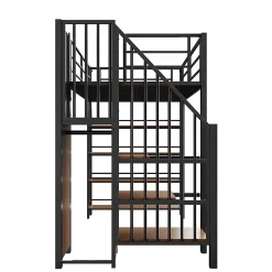Okwish Lit Mezzanine 90x200 cm - Lit Simple avec Escalier Sécurisé et Rangement Intégré, Structure Métal et MDF, Sans Matelas - Noir* Lit Mezzanine