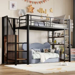 Okwish Lit Mezzanine 90x200 cm - Lit Simple avec Escalier Sécurisé et Rangement Intégré, Structure Métal et MDF, Sans Matelas - Noir* Lit Mezzanine