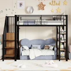 Okwish Lit Mezzanine 90x200 cm - Lit Simple avec Escalier Sécurisé et Rangement Intégré, Structure Métal et MDF, Sans Matelas - Noir* Lit Mezzanine