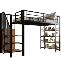 Okwish Lit Mezzanine 90x200 cm - Lit Simple avec Escalier Sécurisé et Rangement Intégré, Structure Métal et MDF, Sans Matelas - Noir* Lit Mezzanine