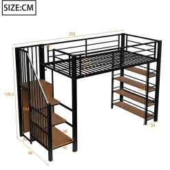 Okwish Lit Mezzanine 90x200 cm - Lit Simple avec Escalier Sécurisé et Rangement Intégré, Structure Métal et MDF, Sans Matelas - Noir* Lit Mezzanine