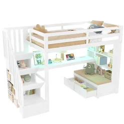 Okwish Lit Mezzanine 90x200 cm - Lit Simple avec Bureau et Étagères, LED Intégrée, sans Matelas - MDF Blanc* Lit Mezzanine