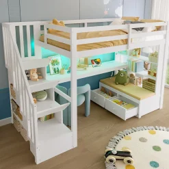 Okwish Lit Mezzanine 90x200 cm - Lit Simple avec Bureau et Étagères, LED Intégrée, sans Matelas - MDF Blanc* Lit Mezzanine