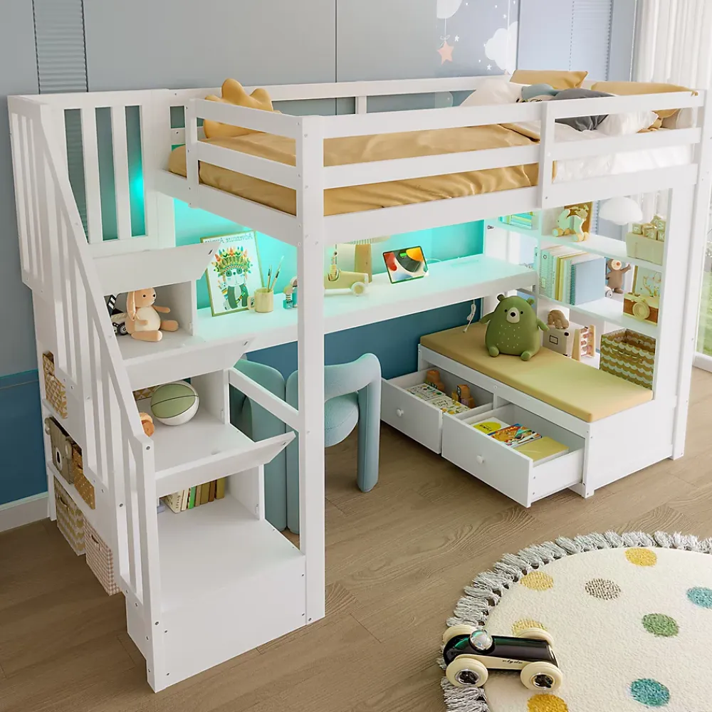 Okwish Lit Mezzanine 90x200 cm - Lit Simple avec Bureau et Étagères, LED Intégrée, sans Matelas - MDF Blanc* Lit Mezzanine
