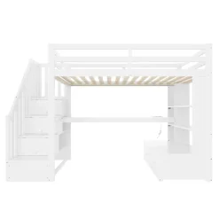 Okwish Lit Mezzanine 90x200 cm - Lit Simple avec Bureau et Étagères, LED Intégrée, sans Matelas - MDF Blanc* Lit Mezzanine