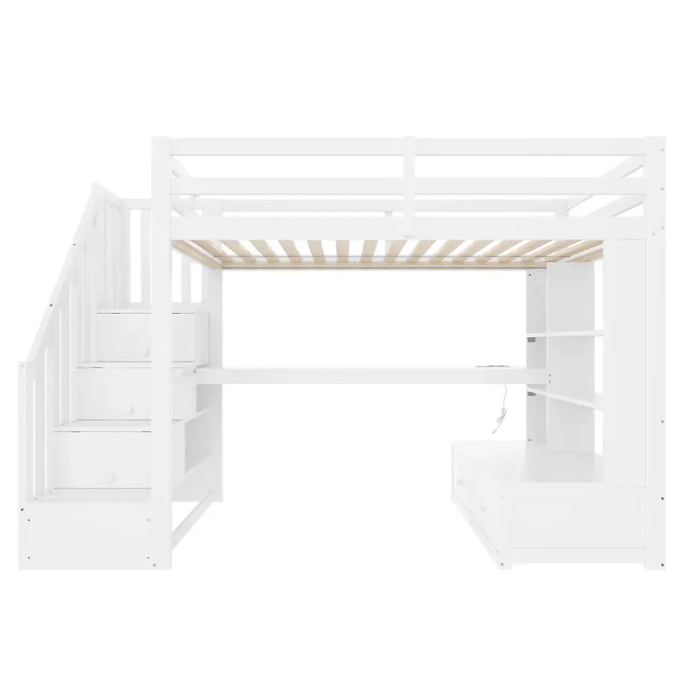Okwish Lit Mezzanine 90x200 cm - Lit Simple avec Bureau et Étagères, LED Intégrée, sans Matelas - MDF Blanc* Lit Mezzanine