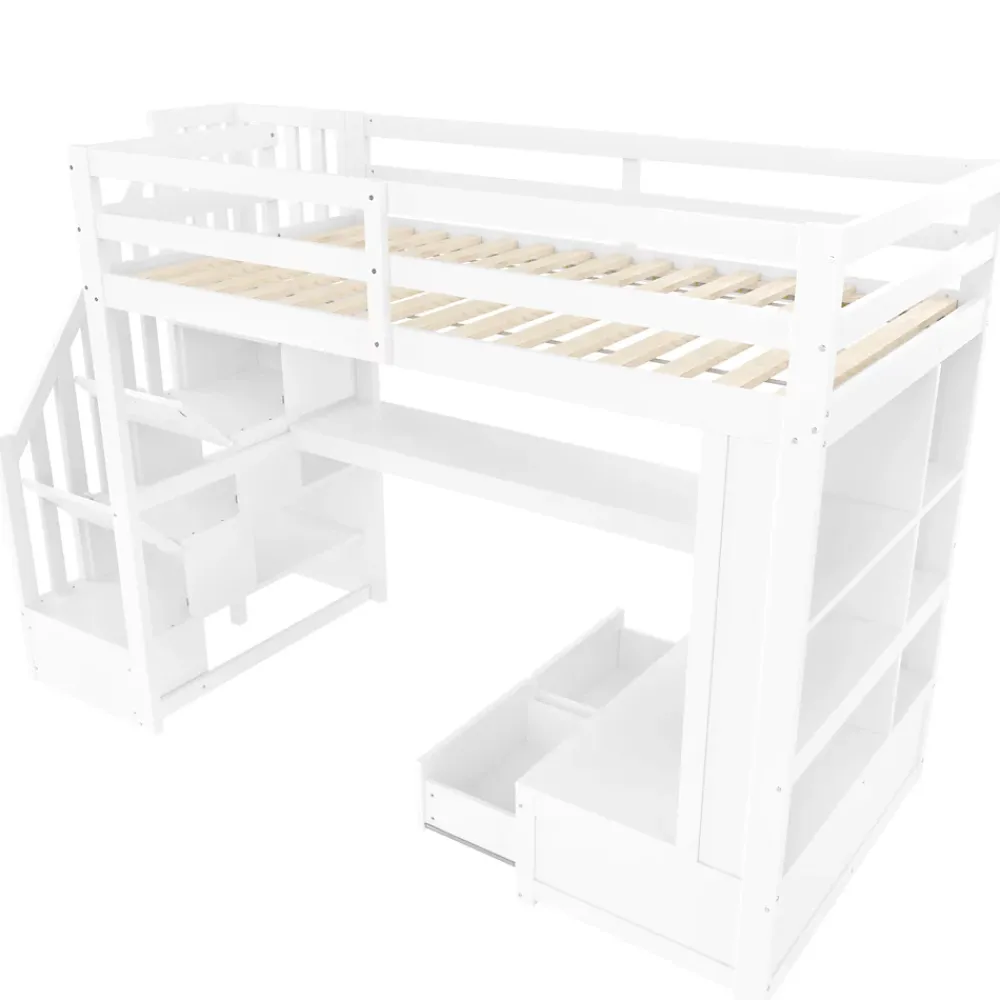 Okwish Lit Mezzanine 90x200 cm - Lit Simple avec Bureau et Étagères, LED Intégrée, sans Matelas - MDF Blanc* Lit Mezzanine