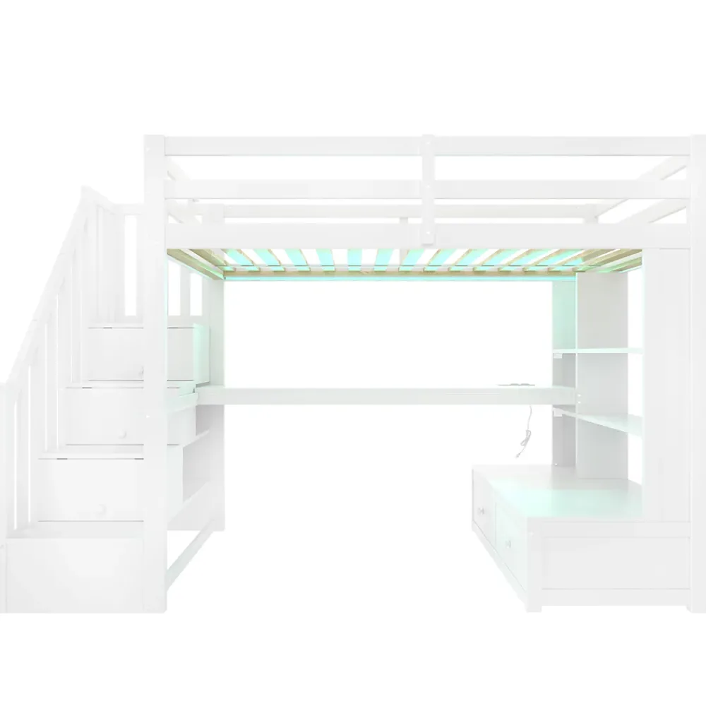 Okwish Lit Mezzanine 90x200 cm - Lit Simple avec Bureau et Étagères, LED Intégrée, sans Matelas - MDF Blanc* Lit Mezzanine