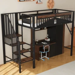 Lit Mezzanine 90x200 cm - Lit Simple avec Barrières de Sécurité et Échelle, Sans Matelas - Métal et Bois Noir>Okwish Discount
