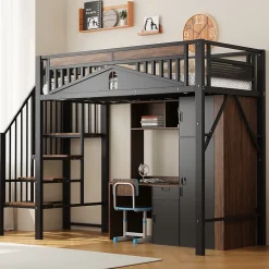 Lit Mezzanine 90x200 cm - Lit Simple avec Barrières de Sécurité et Échelle, Sans Matelas - Métal et Bois Noir>Okwish Discount