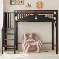 Lit Mezzanine 90x200 cm - Lit Simple avec Barrières de Sécurité et Échelle, Sans Matelas - Métal et Bois Noir><noscript><img width=