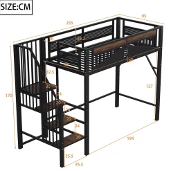 Lit Mezzanine 90x200 cm - Lit Simple avec Barrières de Sécurité et Échelle, Sans Matelas - Métal et Bois Noir><noscript><img width=