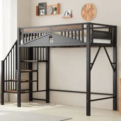 Lit Mezzanine 90x200 cm - Lit Simple avec Barrières de Sécurité et Échelle, Sans Matelas - Métal et Bois Noir><noscript><img width=