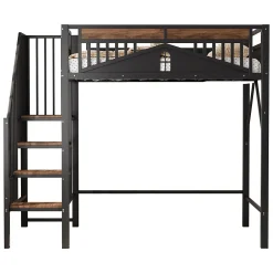Lit Mezzanine 90x200 cm - Lit Simple avec Barrières de Sécurité et Échelle, Sans Matelas - Métal et Bois Noir><noscript><img width=