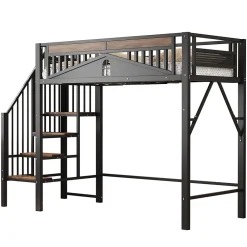 Lit Mezzanine 90x200 cm - Lit Simple avec Barrières de Sécurité et Échelle, Sans Matelas - Métal et Bois Noir><noscript><img width=