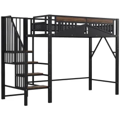 Lit Mezzanine 90x200 cm - Lit Simple avec Barrières de Sécurité et Échelle, Sans Matelas - Métal et Bois Noir><noscript><img width=