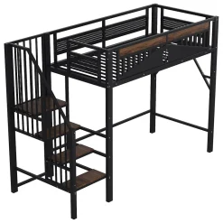 Lit Mezzanine 90x200 cm - Lit Simple avec Barrières de Sécurité et Échelle, Sans Matelas - Métal et Bois Noir><noscript><img width=