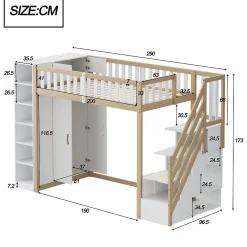 Okwish Lit Mezzanine 90x200 cm - Lit Simple avec Escalier Sécurisé, Armoire et Étagères de Rangement, Pin et MDF, Blanc et Bois Naturel* Lit Mezzanine